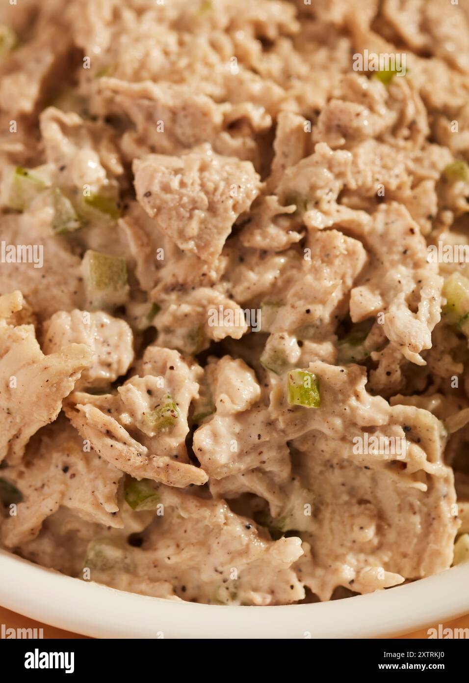 Amerikanischer Hähnchensalat im Delikatessenstil, der in der Regel kalt serviert wird und oft als Sandwichfüllung verwendet wird. Stockfoto