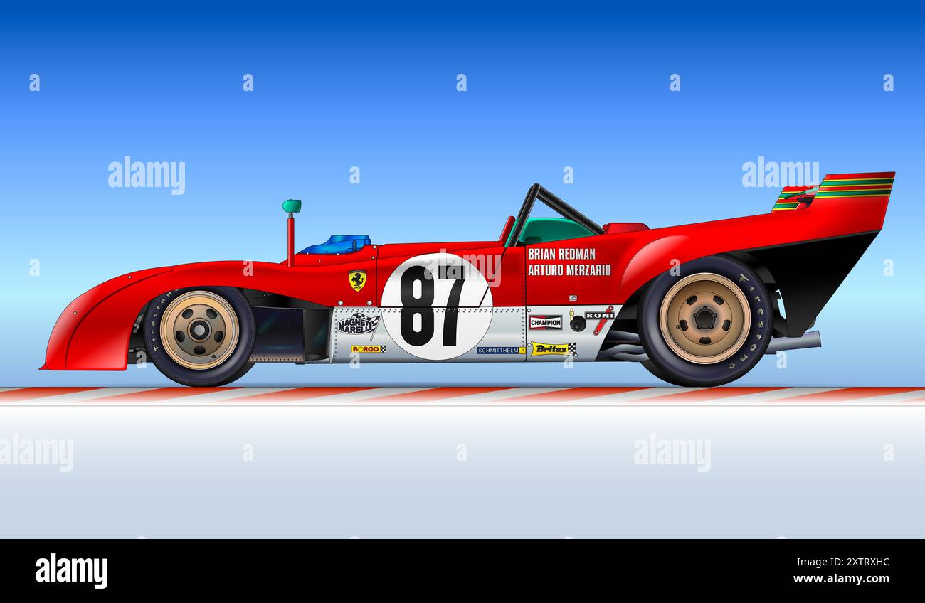 Maranello, Modena, Italien, Jahr 1971 - Ferrari 312 PB Gruppe 6 Prototyp-Sportwagen-Meisterschaft, Oldtimer-Sportwagen, Silhouette umrissene Illustration Stockfoto