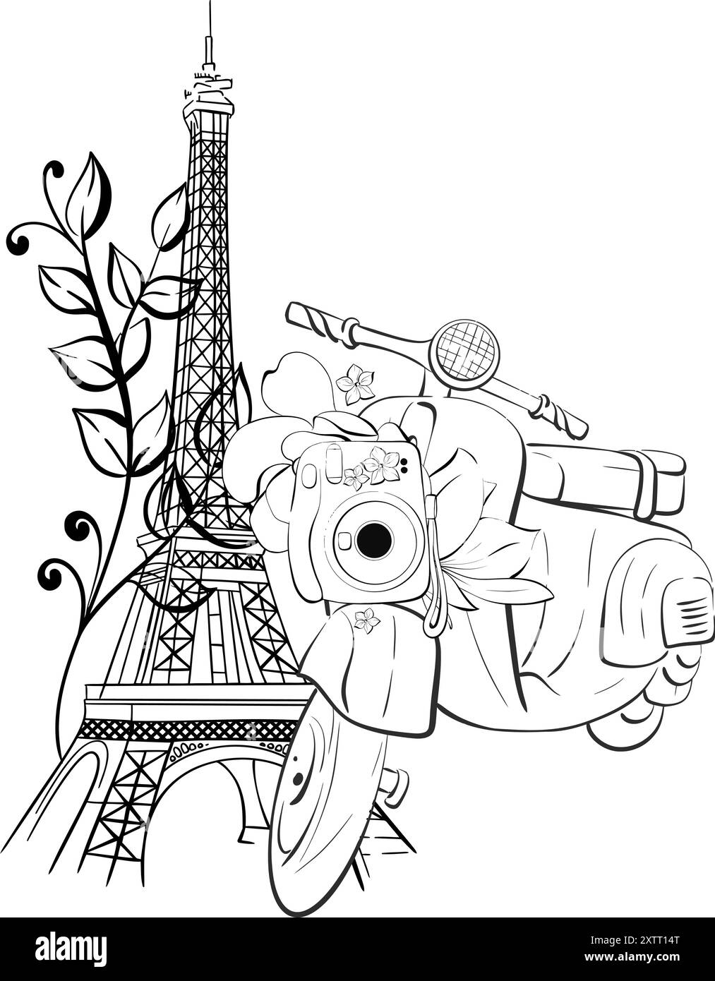 Vektor Eiffelturm und Roller Illustration. Vintage-Motorrad im romantischen Stil. Paris Travel Love Holiday. Schwarze Silhouette für Schaltkreis Stock Vektor
