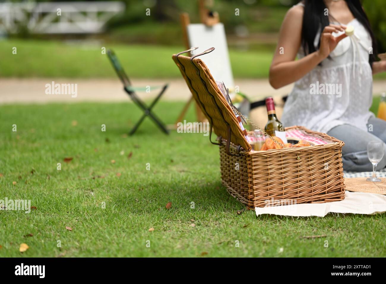 Offener Picknickkorb mit einer Flasche Wein, Brot und anderen Picknickutensilien auf karierter Decke Stockfoto