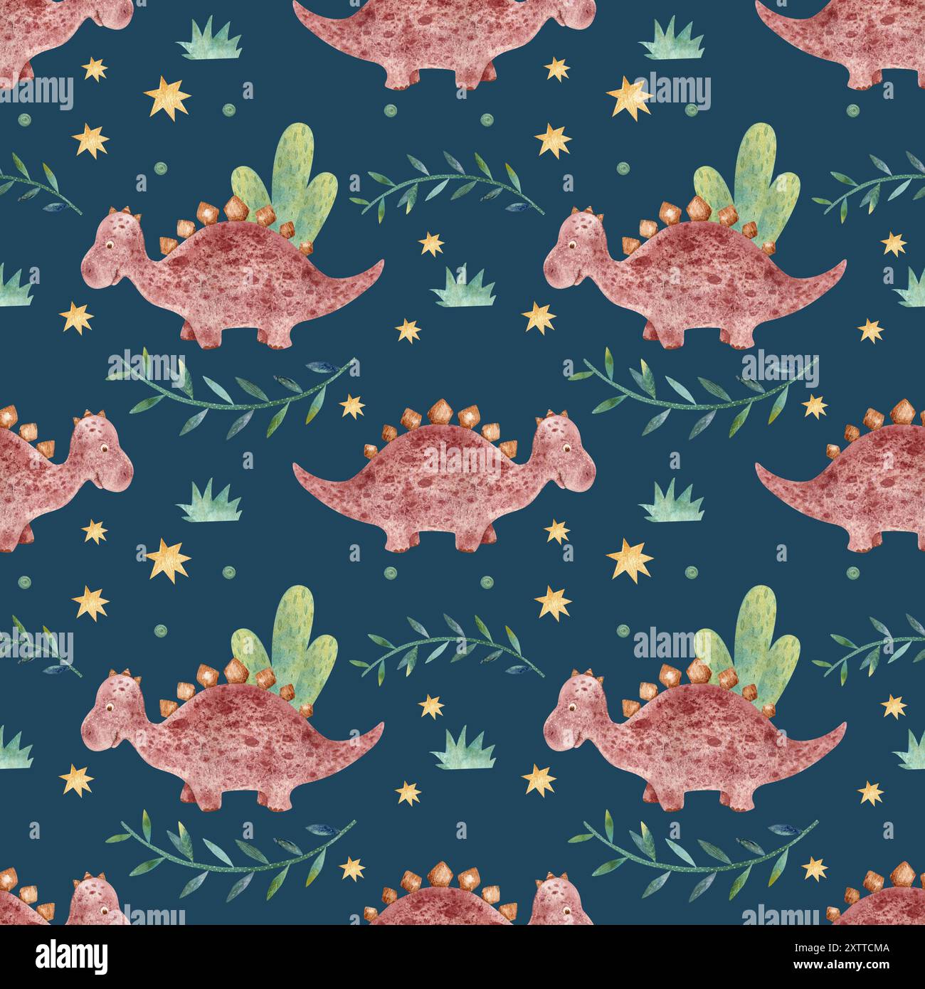 Handgezeichnetes nahtloses Muster mit Dinosauriern und exotischen Pflanzen. Farbenfrohes Dino-Design. Ideal für Kinderstoffe, Textilien und Kindertapeten. Niedlich Stockfoto