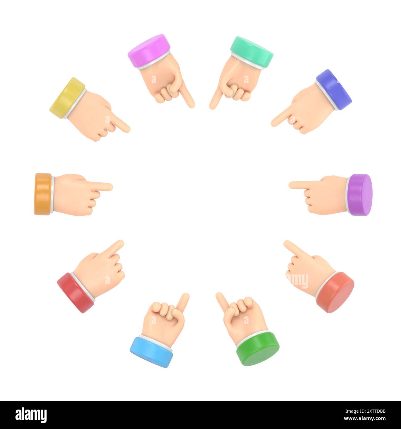 Mockup Des Symbols Für Zeichentrickgesten. Finger zeigen auf leere Stelle. Flache Abbildung erstellen.3D-Rendering auf weißem Hintergrund. Stockfoto