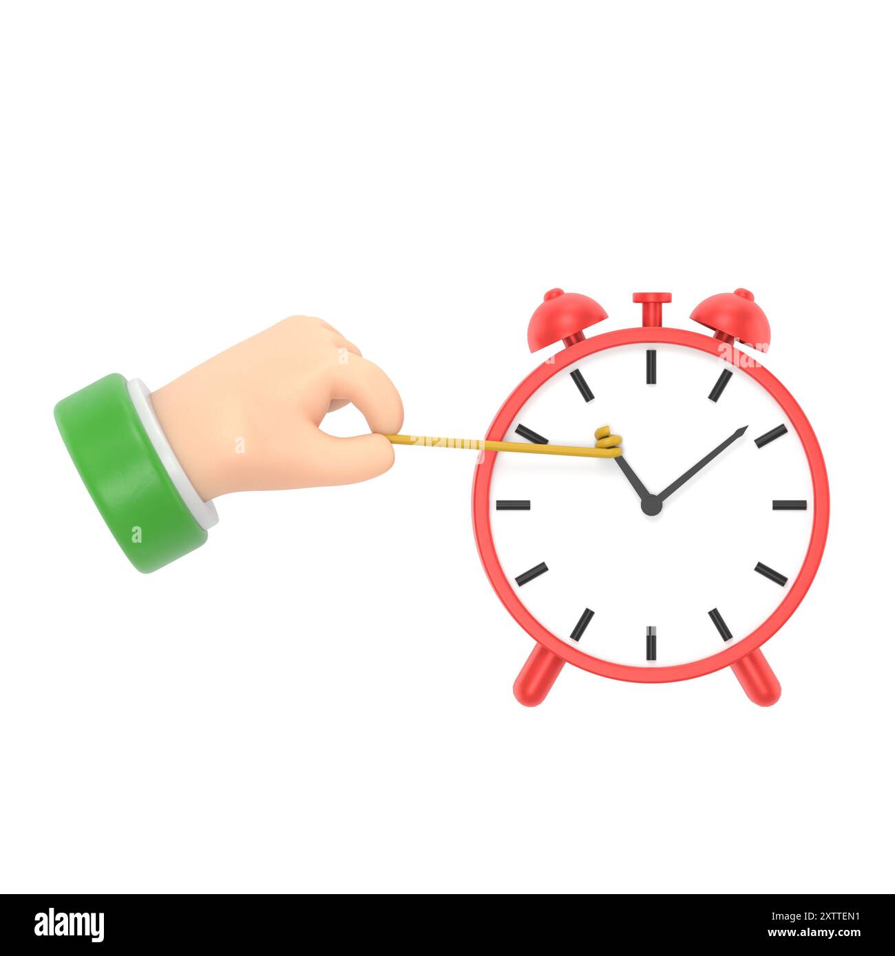 Stop Time Konzept. Business Metaphor.3D-Illustration flache Konstruktion. Geschäftsmann im Anzug drückt den Stundenzeiger zurück. Frist. Zeitmanagement.3D-Rendering auf W Stockfoto