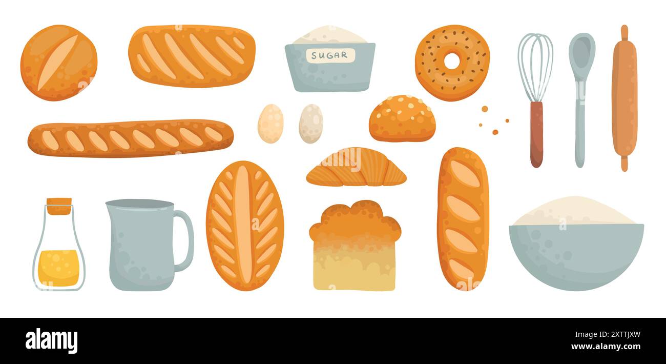 Backzutaten. Cartoon Küchenwerkzeuge und Lebensmittel für Gebäck und süße Bäckerei, Eier Mehl Zucker Butter Milch Schneebesen Rollpin. Vektor-isolierter Satz Stock Vektor