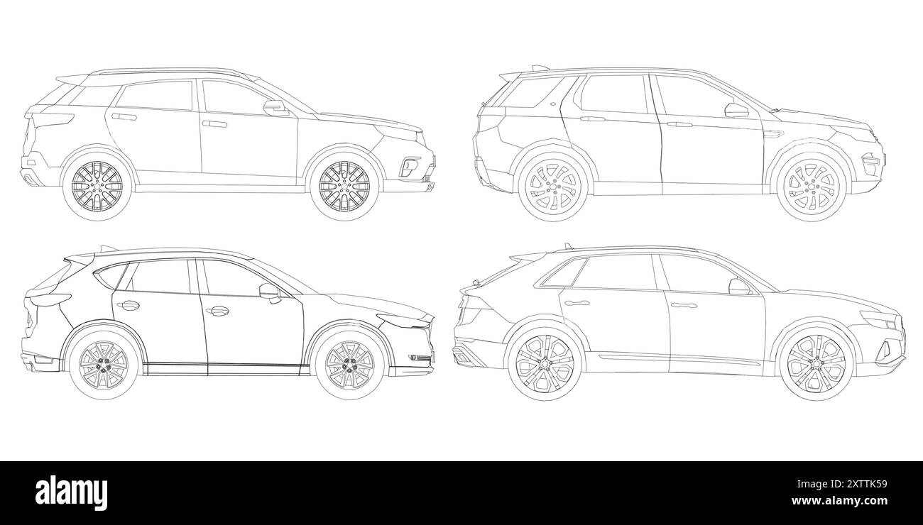Konturensatz verschiedene Modelle von Autos. Vektorabwicklungsdarstellung. Vektor-Illustration der Seitenansicht des Fahrzeugs Stock Vektor