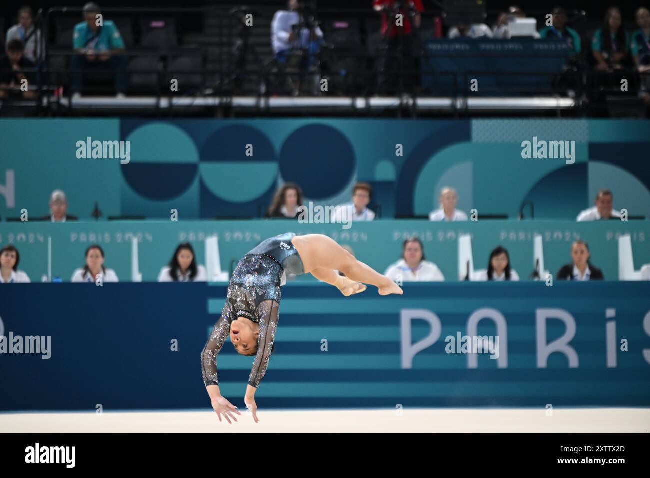 PARIS, FRANKREICH-28. Juli 2024: Sunisa Lee aus den USA während der Qualifikation der Frauen im Kunstturnen bei den Olympischen Spielen Paris 2024 in der Bercy Arena Stockfoto