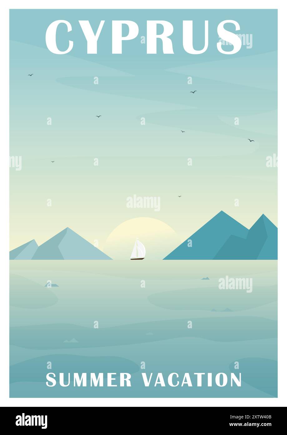 Poster mit griechischer Meereslandschaft und mediterraner Landschaft. Zypern Reise, Strand und Boot Illustration im Vintage Stil. Morgenlandschaft mit Meer und Schiff, Meer Stock Vektor