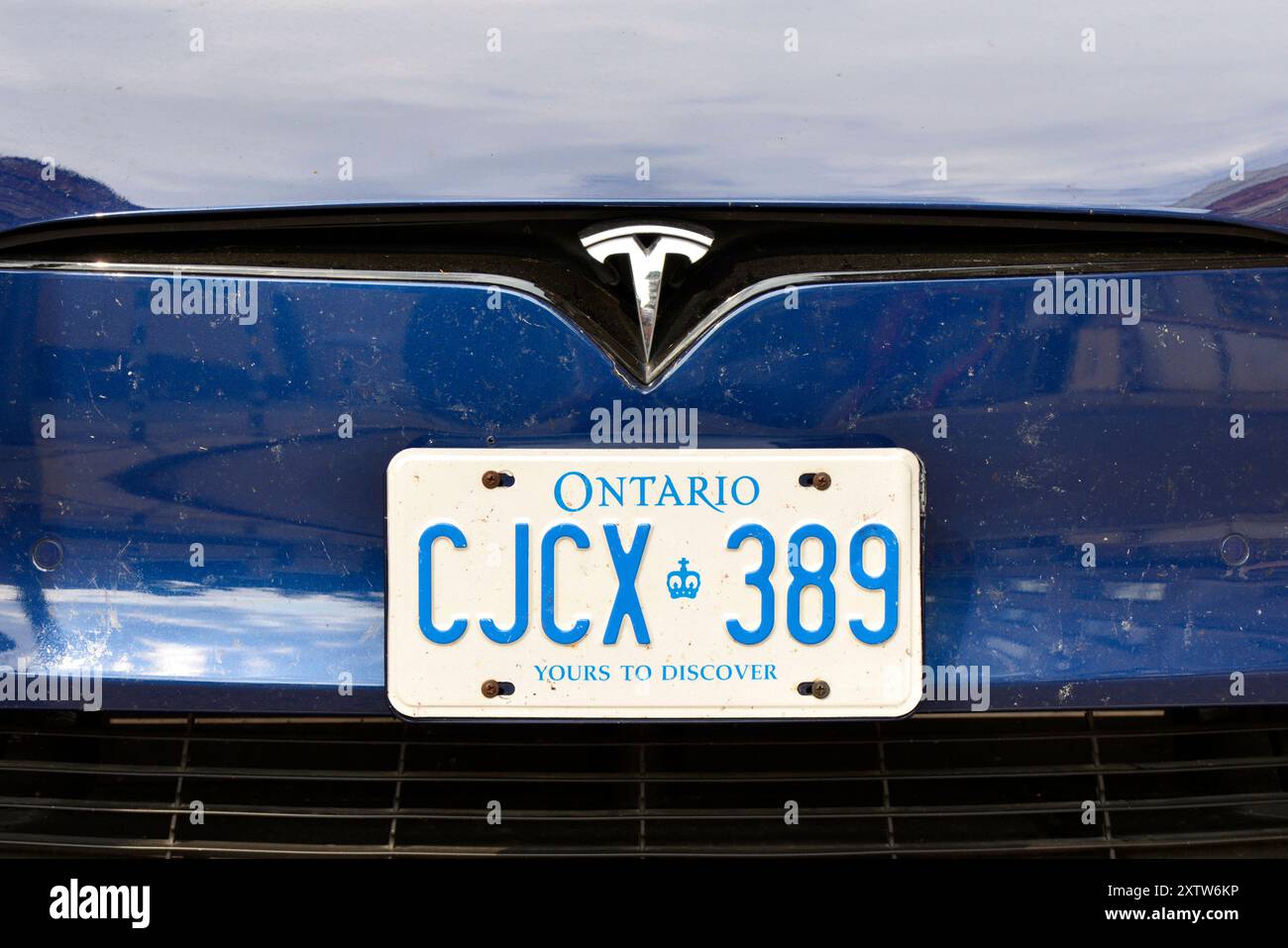 Ontario Canada Nummernschild für Zulassungsfahrzeuge, blauer Schriftzug auf weißem Kühler am vorderen Tesla-Stoßfänger Stockfoto