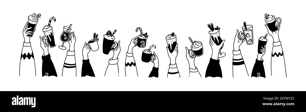 Hände hoch mit heißen Weihnachtsgetränken. Niedliche Liniendudel-Illustration. Hintergrund der Feier. Kürbis-Gewürz-Latte, heißer Wein, warme Cocktails, Marshmallow Stock Vektor
