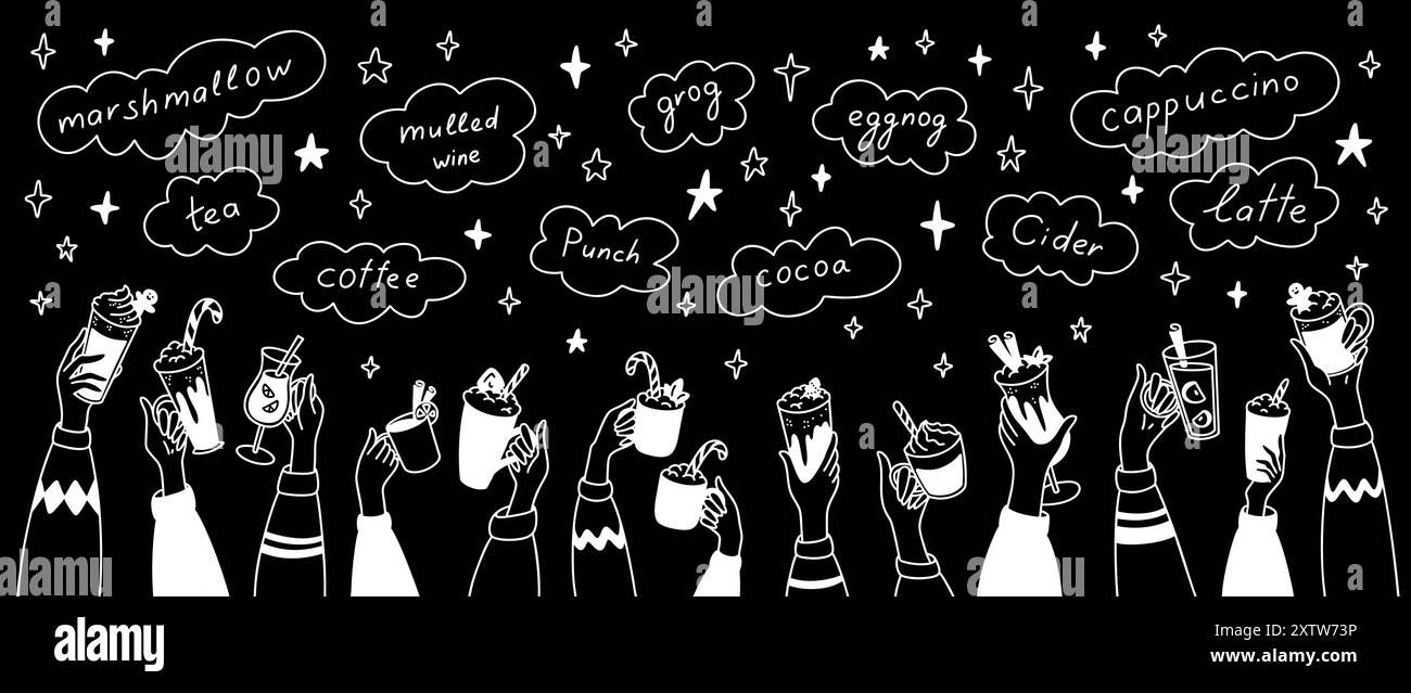 Weihnachtsmarkt Tafel. Benannte heiße Wintergetränke. Neujahrsfeier. Skizzenhafte Hände hoch mit verschiedenen Getränken. Eine Menge Leute, die Spaß haben. Kakao, mu Stock Vektor