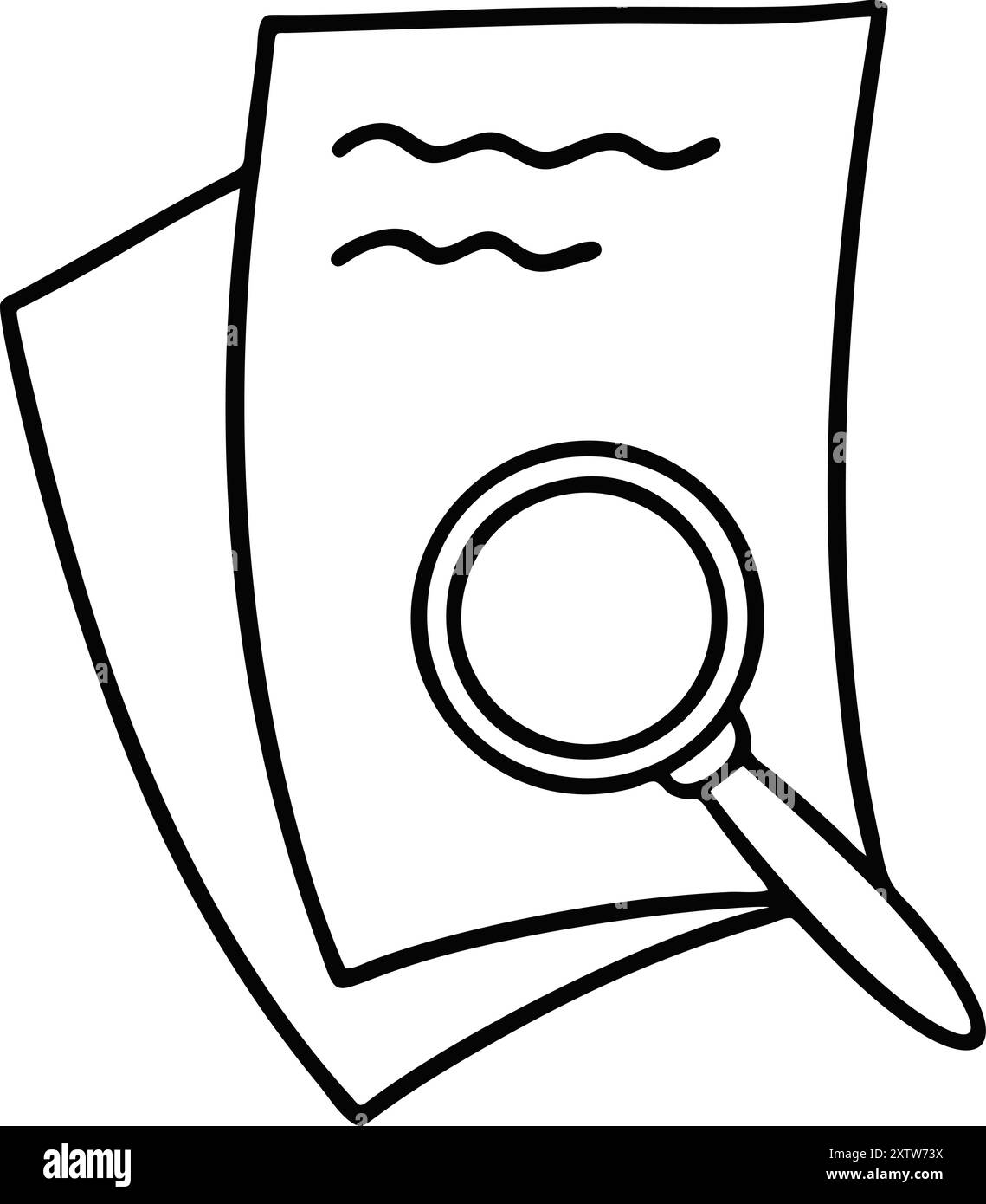 Symbol für das Forschungsdokument mit der Linie. Lupe- und Papierbögen Hand gezeichnete Vektorillustration. Suche, Recherche, Finanzanalyse, Datenprüfung, b Stock Vektor