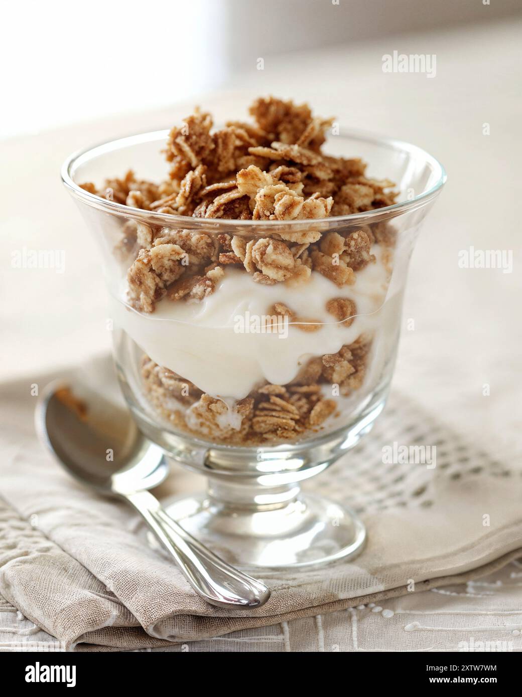 Ein Glas voller Müsli und Joghurt, gesundes Essen, Lebensmittelphotgraphie, Ernährungsberater, Joghurt mit Müsli Stockfoto