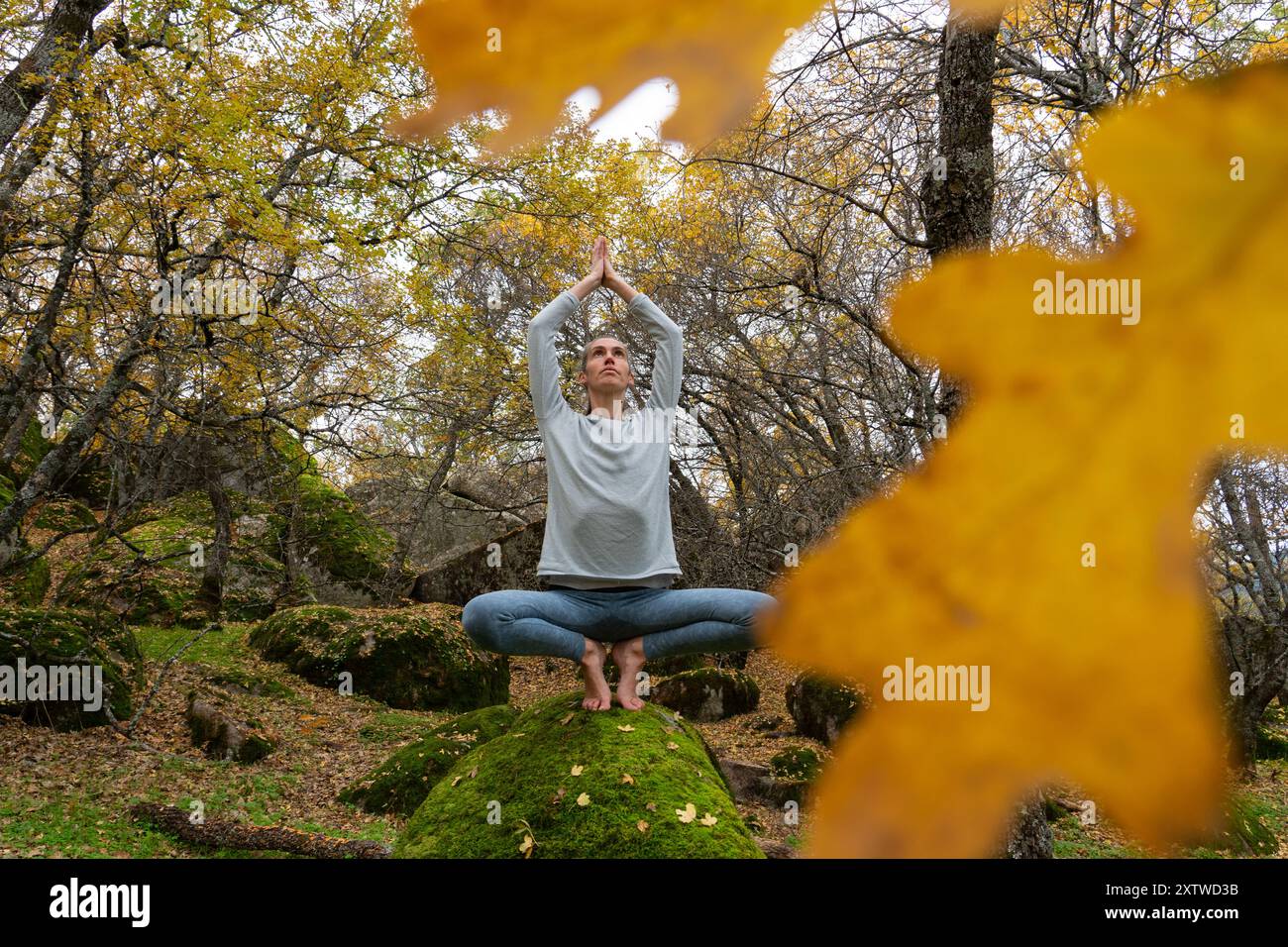 Frau meditiert und macht Yoga in der Natur in einer Herbstlandschaft Stockfoto