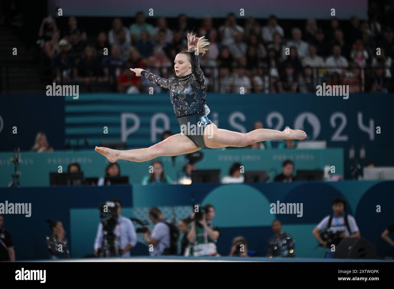 PARIS, FRANKREICH-28. Juli 2024: Jade Carey aus den USA während der Qualifikation der Frauen im Kunstturnen bei den Olympischen Spielen Paris 2024 in der Bercy Arena Stockfoto