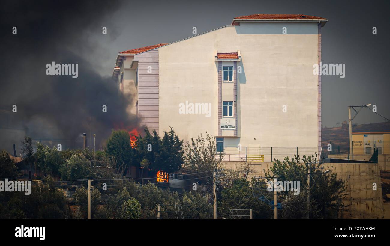 Izmir, Türkei. August 2024. Die Bemühungen um das Löschen eines Waldbrandes, der gestern Abend in einem Wald im Gebiet Yamanlar des Bezirks ​​the Karsıyaka in Izmir ausgebrochen ist, werden auf dem Land- und Luftweg fortgesetzt. Einige Viertel, in denen die Flammen aufgrund des starken Windes in Wohngebiete gelangten, wurden evakuiert. Es wurde beobachtet, dass das Feuer, das sich über ein weites Gebiet ausbreitete, einige Häuser, eine Schule und ein Industriegebiet verbrannte. Quelle: İdil Toffolo/Alamy Live News Stockfoto