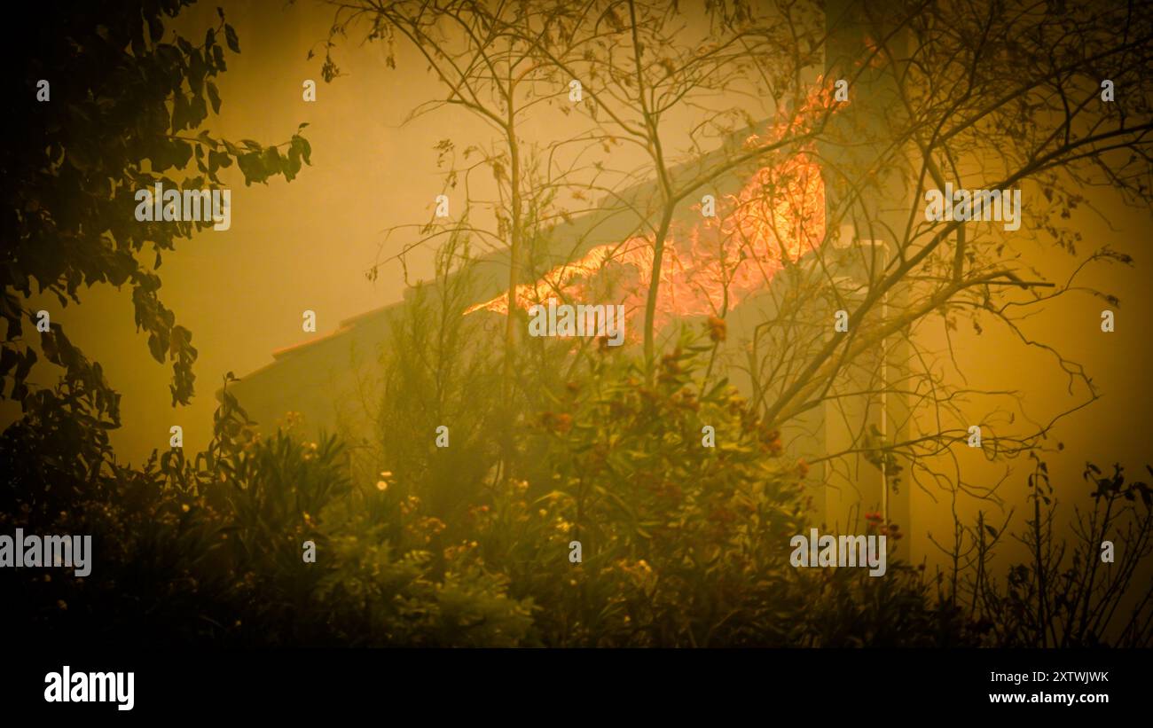 Izmir, Türkei. August 2024. Die Bemühungen um das Löschen eines Waldbrandes, der gestern Abend in einem Wald im Gebiet Yamanlar des Bezirks ​​the Karsıyaka in Izmir ausgebrochen ist, werden auf dem Land- und Luftweg fortgesetzt. Einige Viertel, in denen die Flammen aufgrund des starken Windes in Wohngebiete gelangten, wurden evakuiert. Es wurde beobachtet, dass das Feuer, das sich über ein weites Gebiet ausbreitete, einige Häuser, eine Schule und ein Industriegebiet verbrannte. Quelle: İdil Toffolo/Alamy Live News Stockfoto