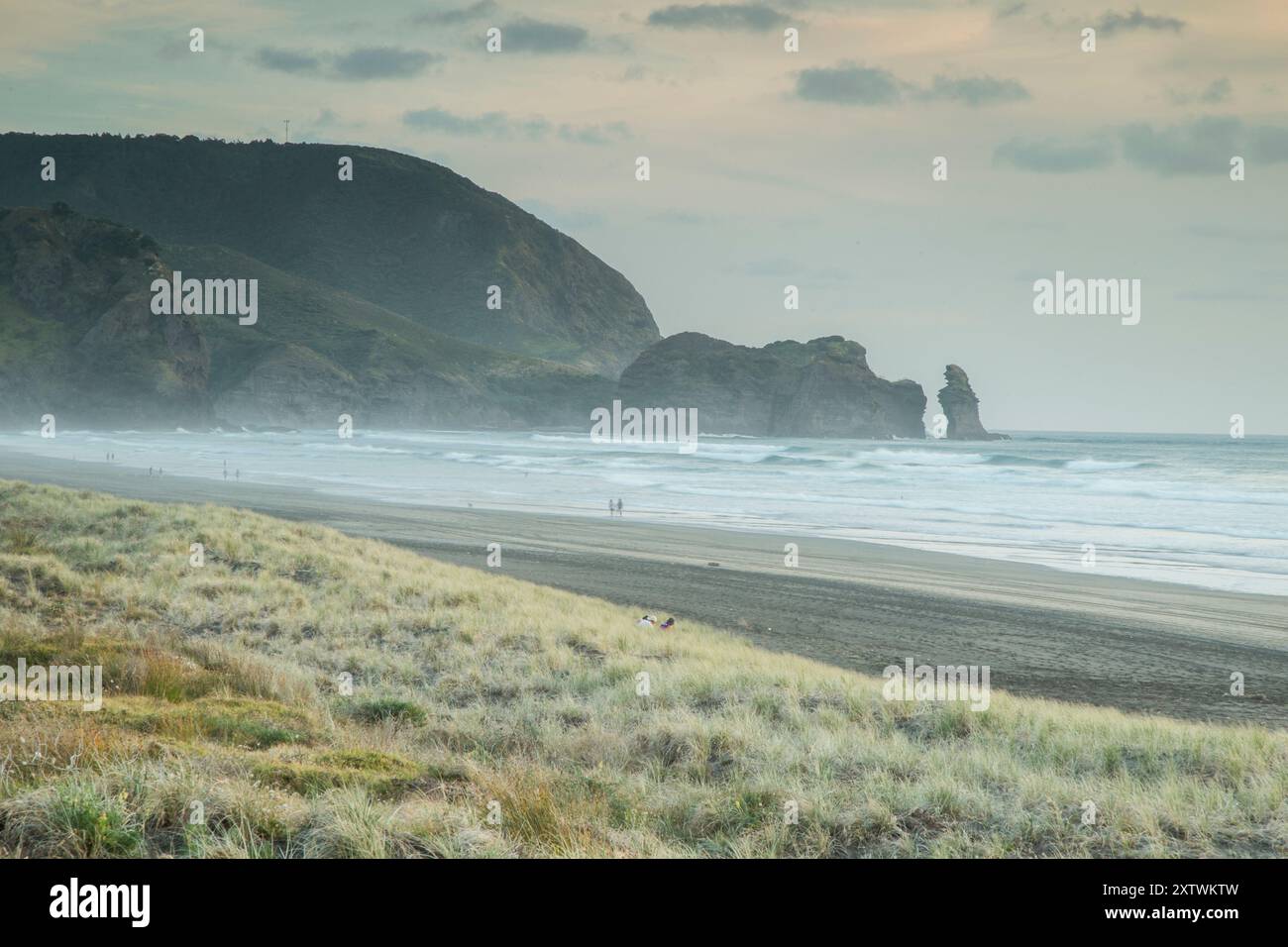 Nebliger Ozean Strand mit grasbewachsenen Dünen und einem felsigen Felsvorsprung in der Ferne. Stockfoto