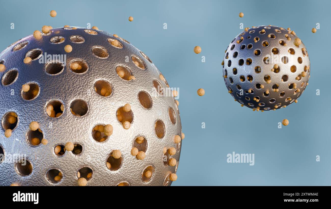 3D-Rendering von mesoporösen Kieselsäure-Nanopartikeln, die aktiv verkapselte Nanomedicine freisetzen. Stockfoto