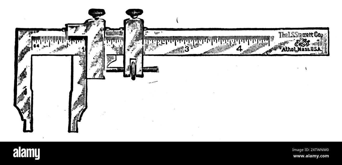 Ein Messschieber von Starrett (Massachusetts, USA). Diese Fotografie stammt von einer großen Auswahl von größtenteils nicht zugeschriebenen technischen Illustrationen und Fotos, die ursprünglich 1936 veröffentlicht wurden. Größe und Qualität der Originale sind sehr unterschiedlich. Stockfoto