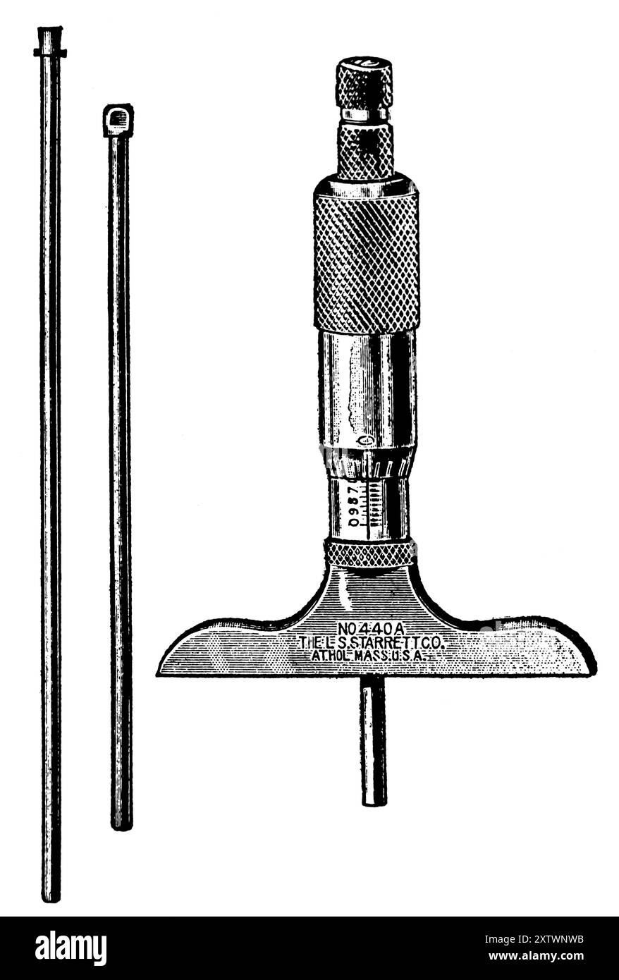 Ein Starrett (Massachusetts, USA) Mikrometer-Tiefenmesssatz. Diese Fotografie stammt von einer großen Auswahl von größtenteils nicht zugeschriebenen technischen Illustrationen und Fotos, die ursprünglich 1936 veröffentlicht wurden. Größe und Qualität der Originale sind sehr unterschiedlich. Stockfoto
