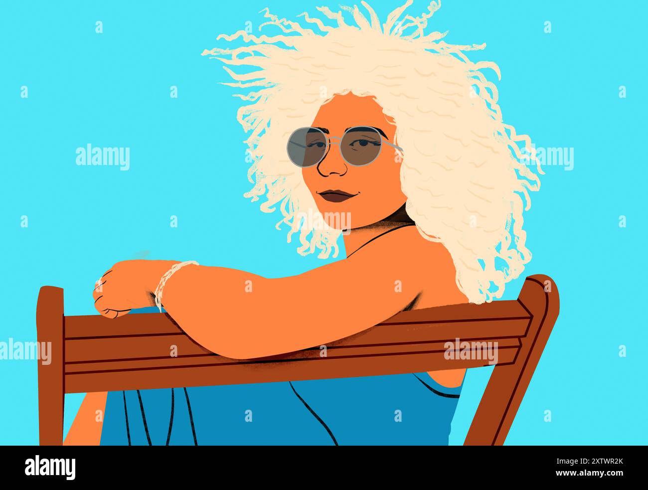 Eine stilvolle Illustration einer Person mit voluminösem weißem Haar und Sonnenbrille, die auf einer Holzbank vor blauem Hintergrund sitzt. Stockfoto