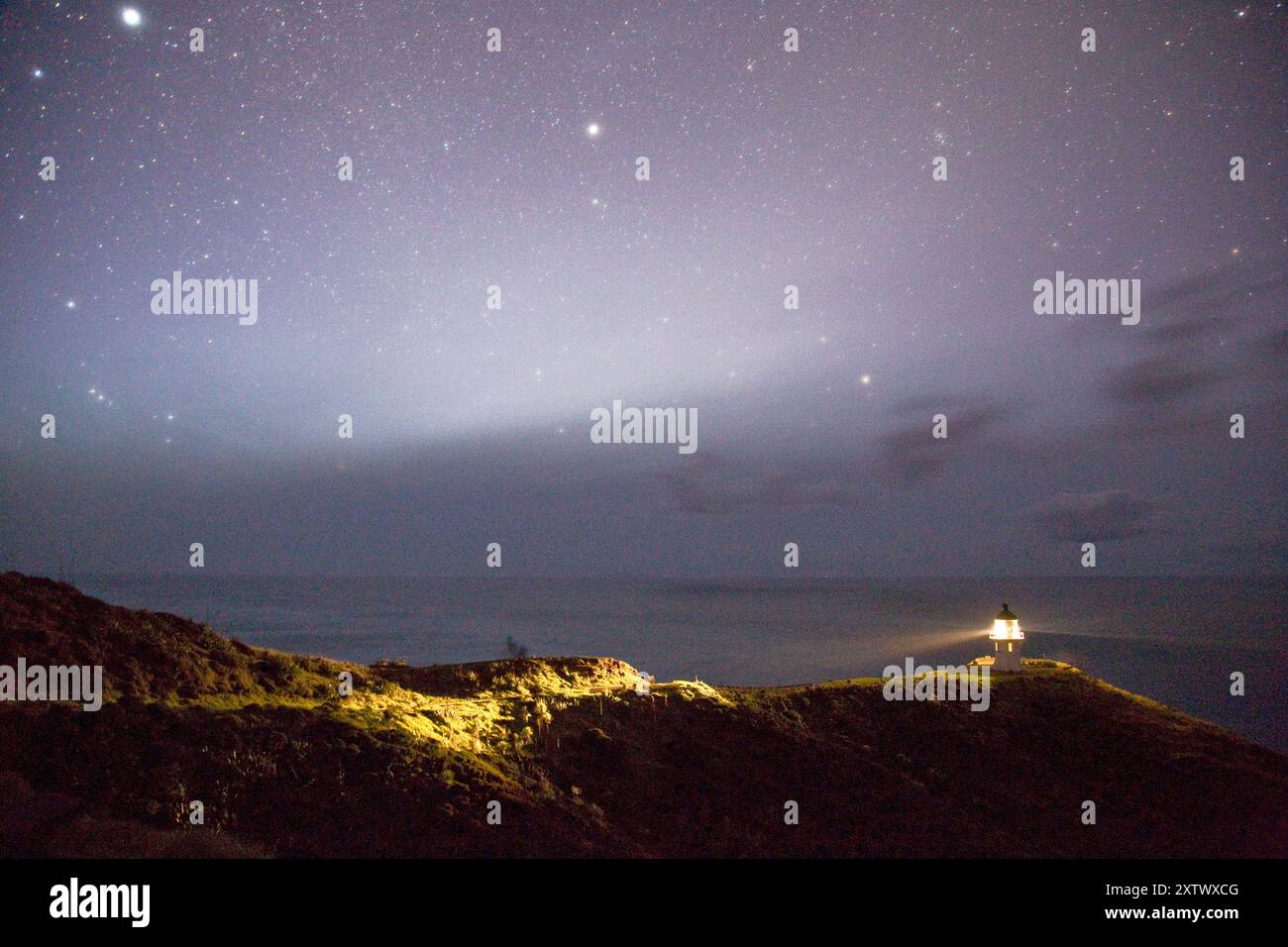 Ein heiterer Nachthimmel voller Sterne über einem Leuchtturm, der die Küste von Cape Reinga, Neuseeland, beleuchtet Stockfoto