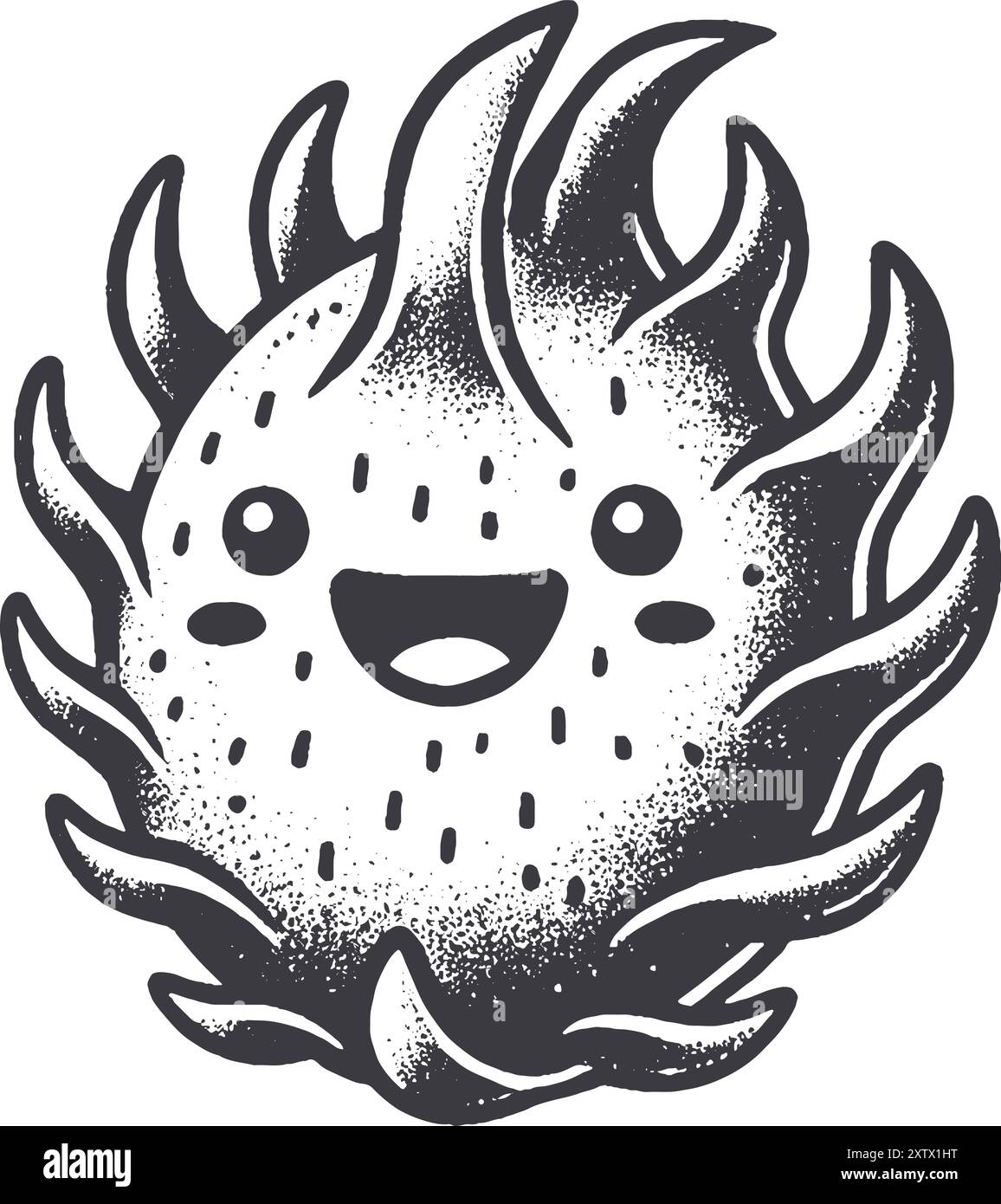 Drachenfrucht im Grunge-Stil lächelnder Fruchtcharakter mit Textur, rauer handgezeichnet mit genarbtem Print-Effekt. Stock Vektor