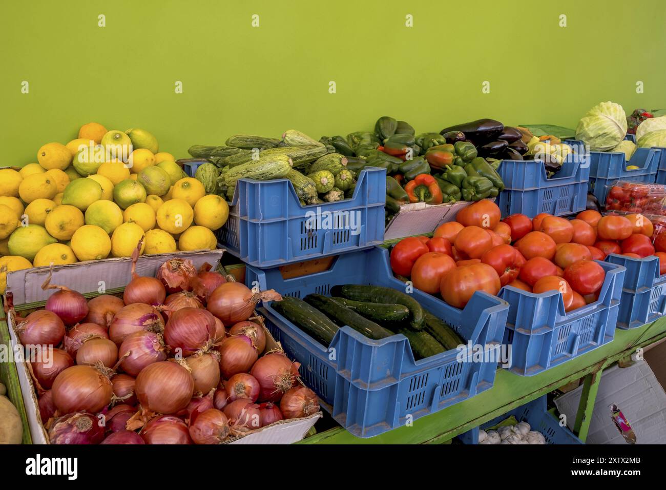 Marktstand mit verschiedenen Gemüsesorten wie Tomaten, Zwiebeln, Paprika und Zitronen in blauen Boxen vor einer grünen Wand, Marktstand mit Obst und Stockfoto