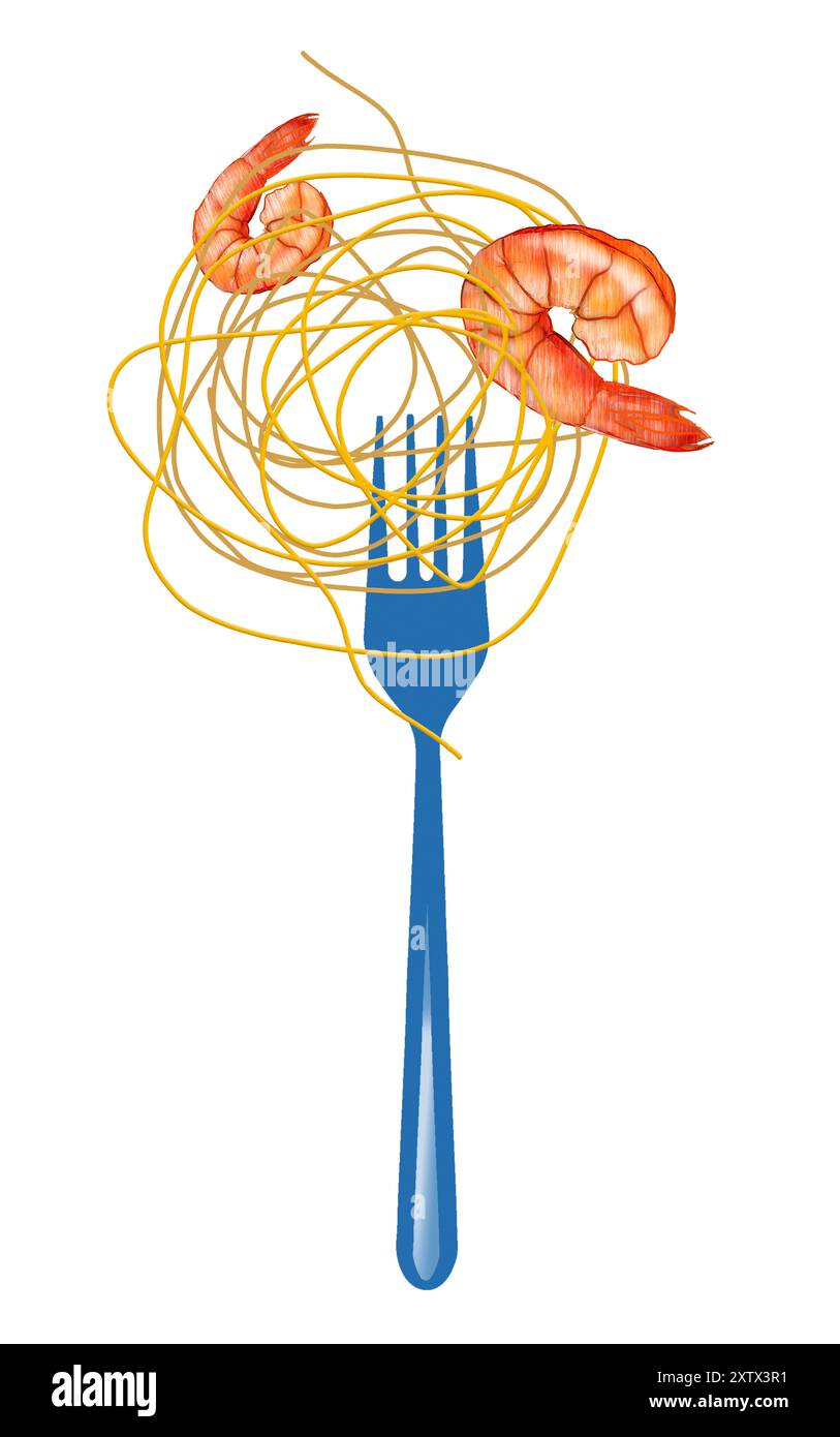 Garnelen und Nudeln werden mit einer Gabel, Spaghetti und ein paar gekochten Garnelen in einer 3D-Illustration dargestellt. Stockfoto