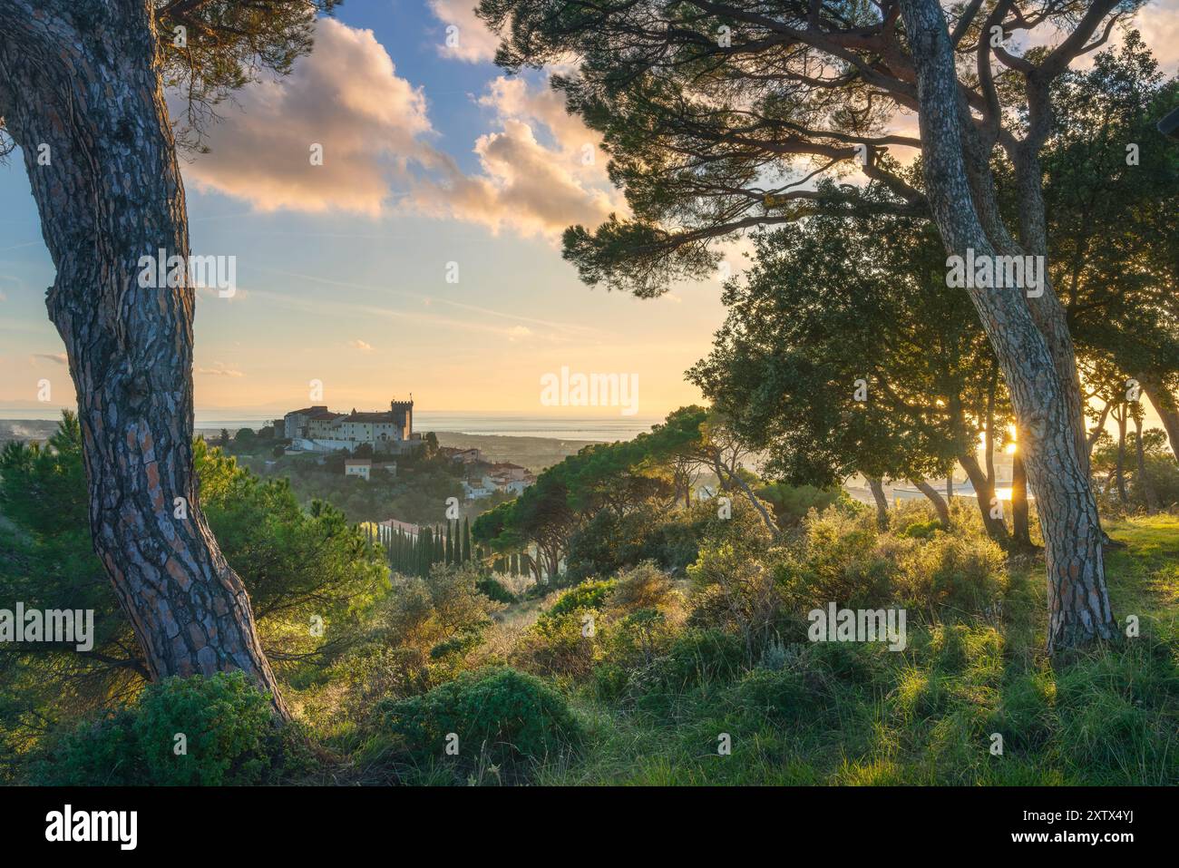 Blick von oben auf die Stadt Rosignano Marittimo und die Burg. Meer im Hintergrund bei Sonnenuntergang. Toskana, Italien Stockfoto