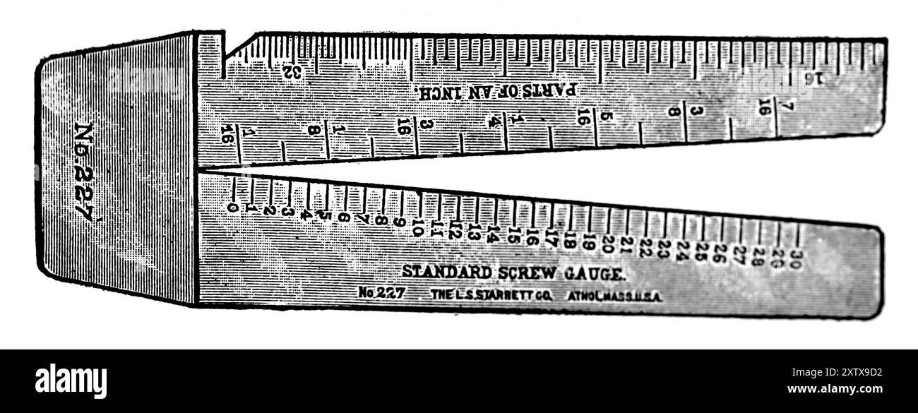 Eine Starrett (Massachusetts, USA) Nr. 227 Kegellehre zum Messen von Draht. Diese Fotografie stammt von einer großen Auswahl von größtenteils nicht zugeschriebenen technischen Illustrationen und Fotos, die ursprünglich 1936 veröffentlicht wurden. Größe und Qualität der Originale sind sehr unterschiedlich. Stockfoto