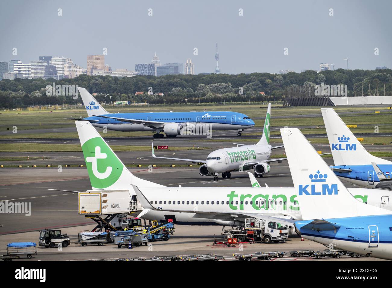 Flughafen Amsterdam Schiphol, Flugzeuge auf dem Rollweg, am Terminal, Gate D, Check-in, Vorfeld, Amsterdam, Niederlande Stockfoto