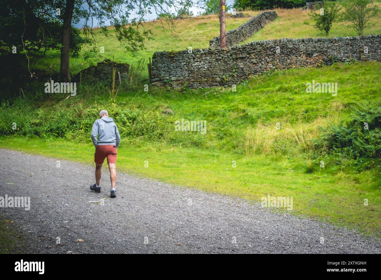 Ein einsamer Mann mit Shorts und Wanderschuhen macht sich auf einem Wanderweg durch die Landschaft Stockfoto