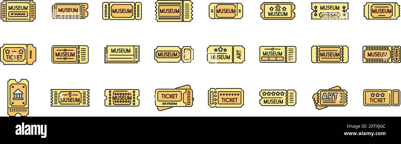 Verschiedene Designs von Museumstickets ermöglichen den Zugang zu Kunstgalerien und historischen Artefakten Stock Vektor