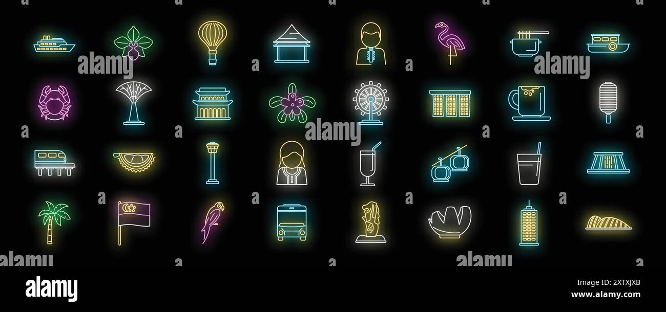 Lebendige Neonsymbole, die singapurs vielfältige Kultur, berühmte Wahrzeichen und modernen Lebensstil repräsentieren Stock Vektor