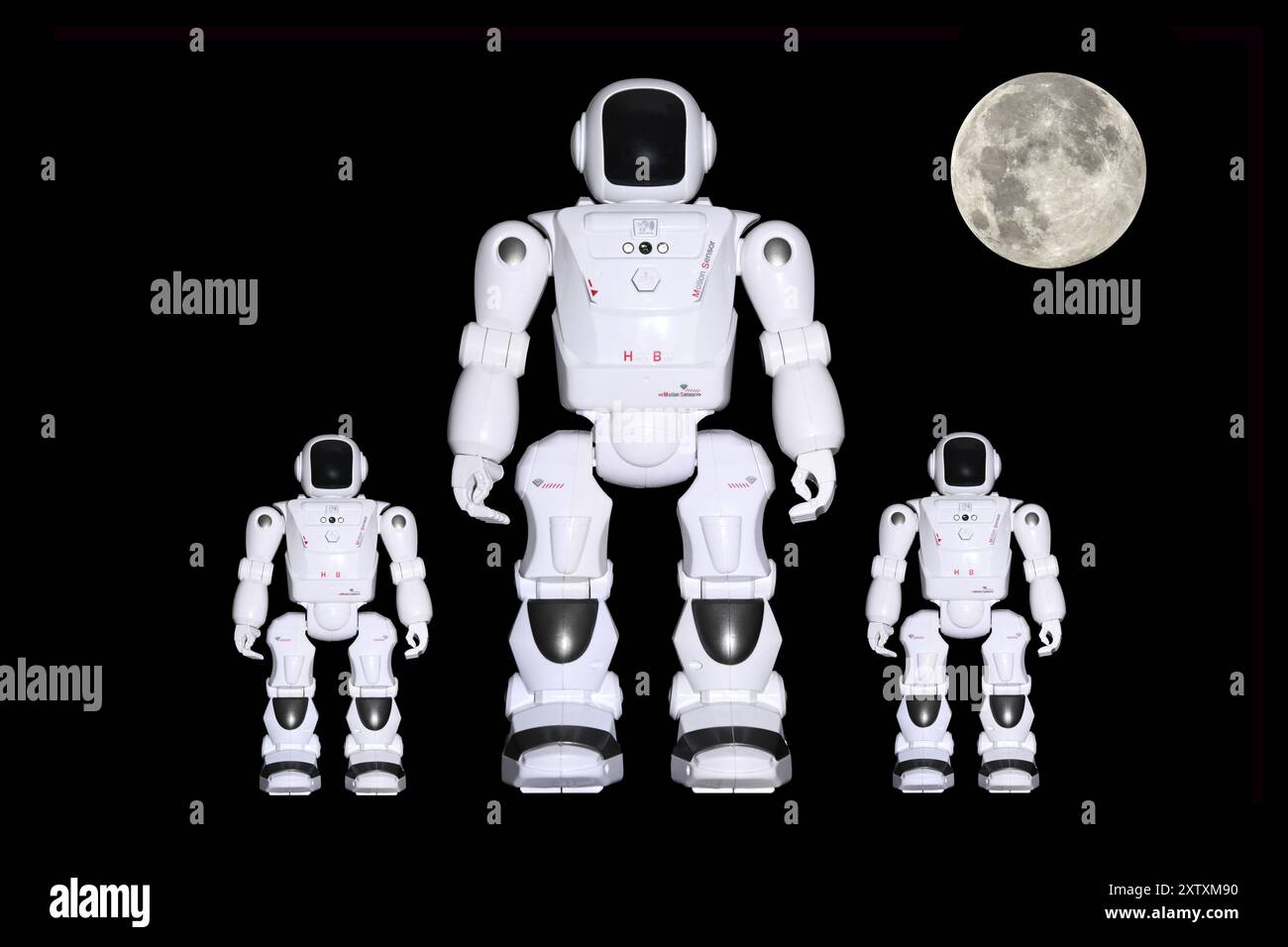 Drei Roboter, künstliche Intelligenz, moderne Technologie, Maschine, Technologie, programmierbar, Mond, Vollmond, KI, künstliche Intelligenz, studio Stockfoto