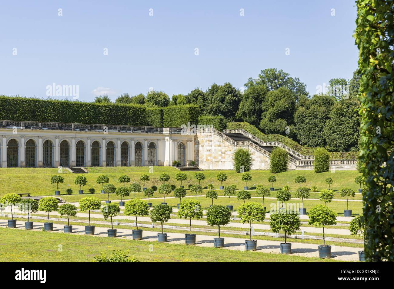 Der Barockgarten Großsedlitz mit Schloss Friedrich befindet sich auf einem Hügel am linken Elbufer südöstlich von Dresden in Großsedli Stockfoto