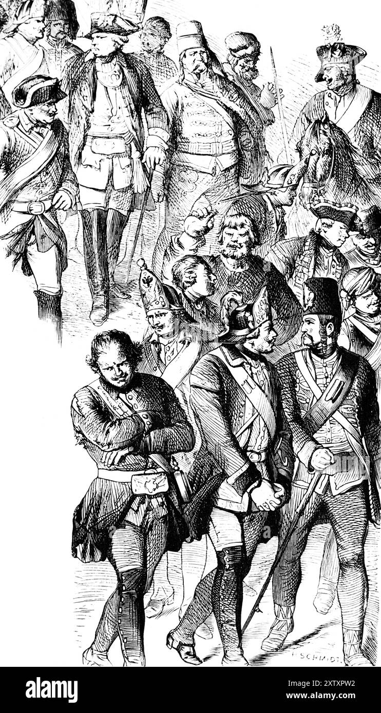 Begnadigte Russen nach der Schlacht bei Zorndorf 1758, siegreiche preußische Armee gegen die besiegte russische Armee, Dreißigjähriger Krieg, Friedrich II., Fred Stockfoto