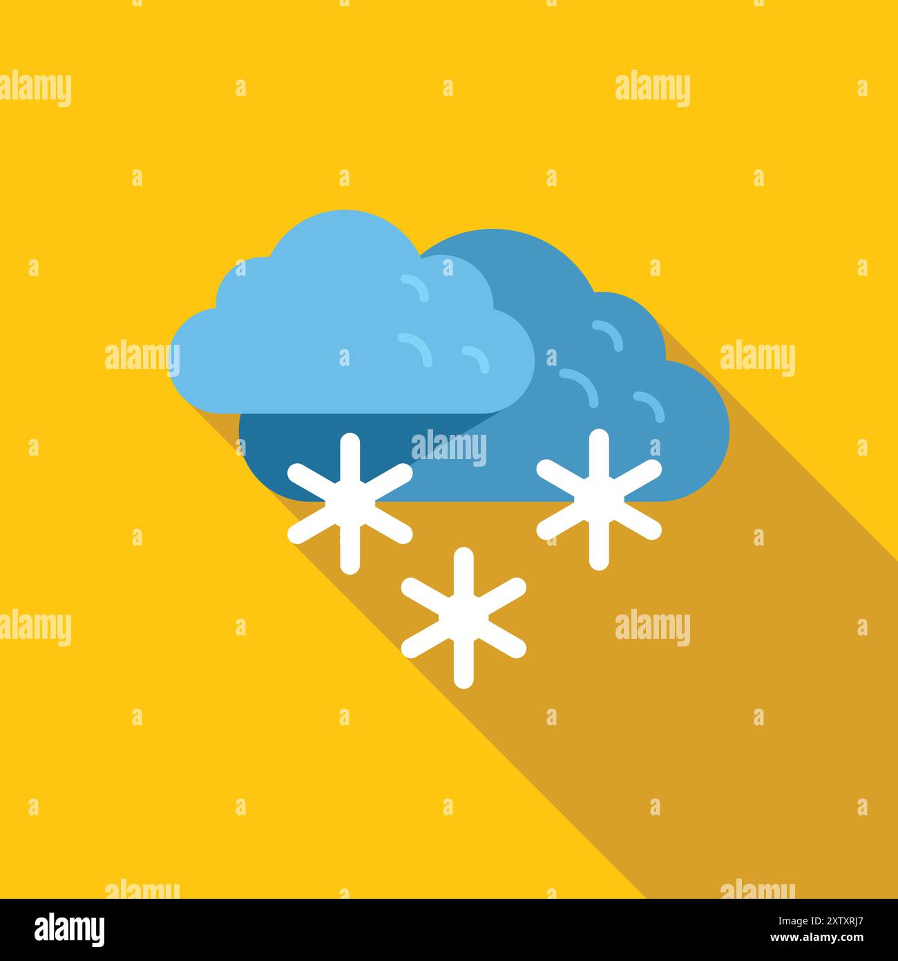 Blaue Wolken fallen Schneeflocken Winter Saison flache Design-Ikone mit langem Schatten auf gelbem Hintergrund Stock Vektor