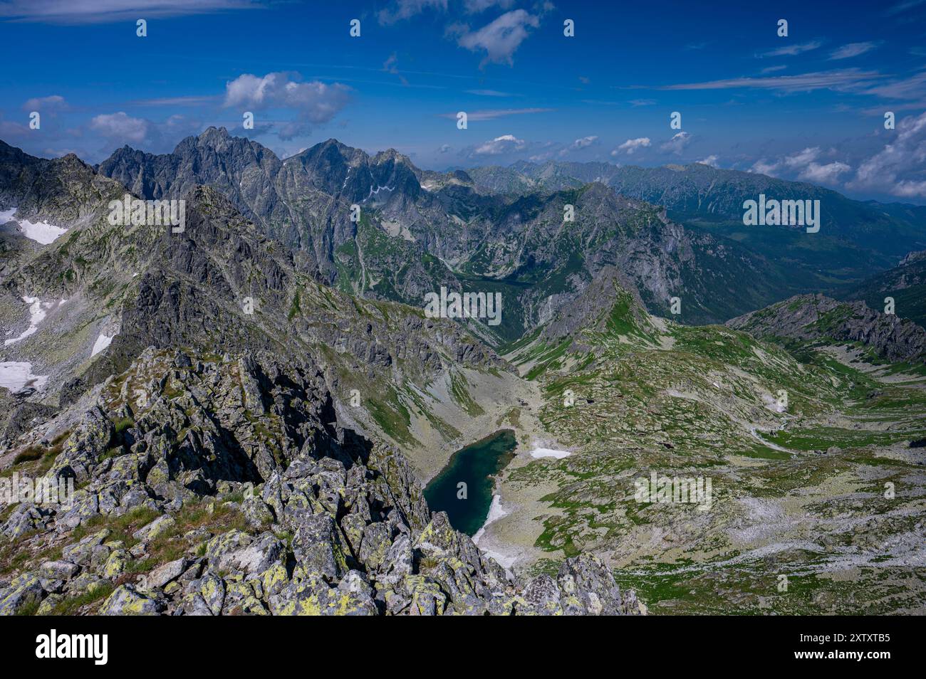 Panorama der Tatra vom Berg Vychodna Vysoka (Mala Wysoka). Stockfoto