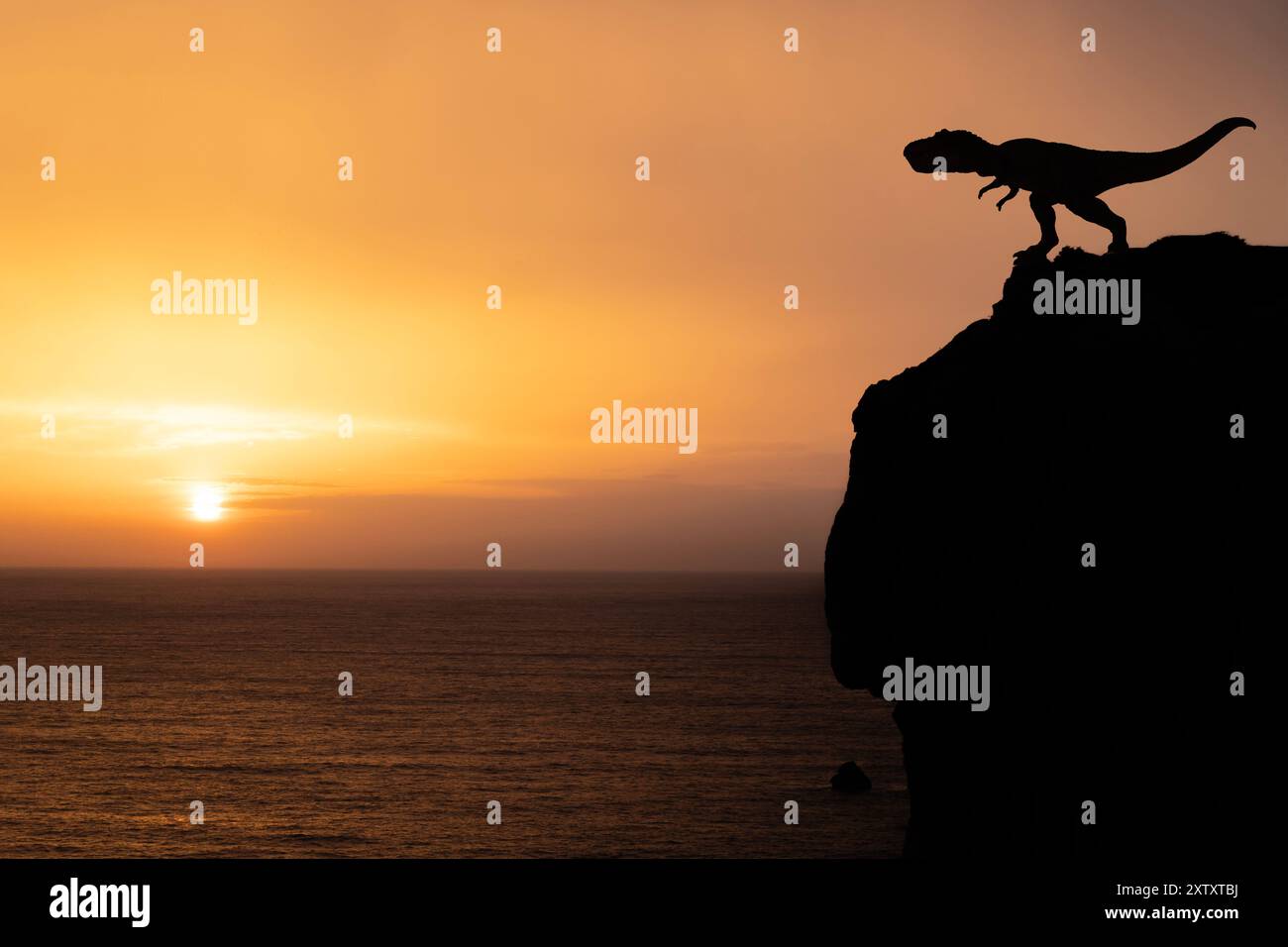 Silhouette von tyrannosaurus auf dem Meeresvorsprung bei Sonnenuntergang Stockfoto