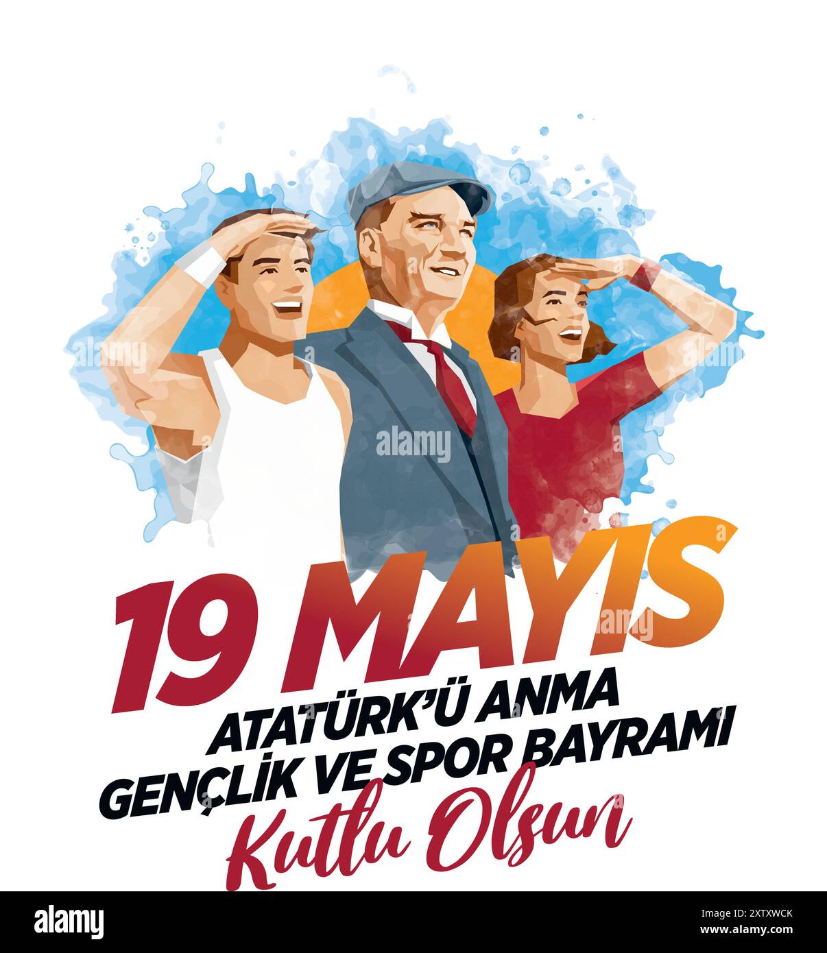 19 Mayis Atatürk'u Anma, Genclik ve Spor Bayrami Grußkarte Design. 19. Mai: Gedenktag für Atatürk, Jugend- und Sporttag. Vektorabbildung. T Stock Vektor