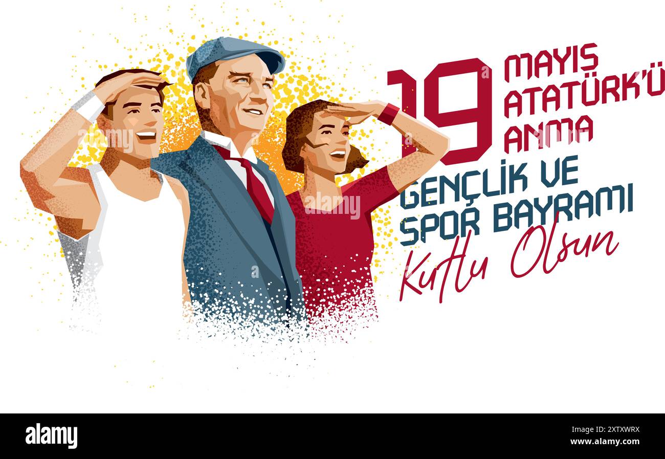 19 Mayis Atatürk'u Anma, Genclik ve Spor Bayrami Grußkarte Design. 19. Mai: Gedenktag für Atatürk, Jugend- und Sporttag. Vektorabbildung. Tu Stock Vektor
