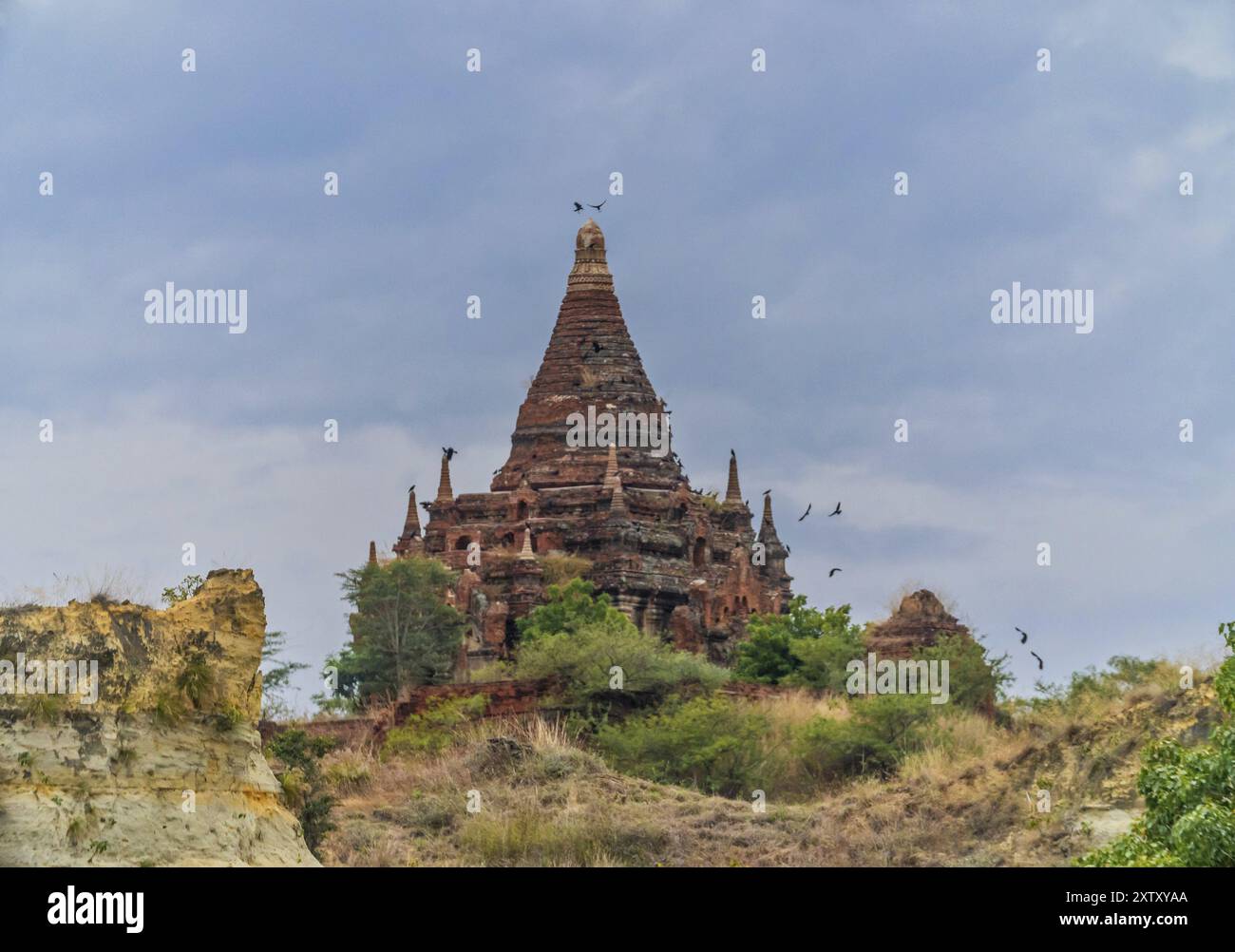 Brick Stupa mit Hinter grünen Bäumen am Irrawaddy Fluss Stockfoto