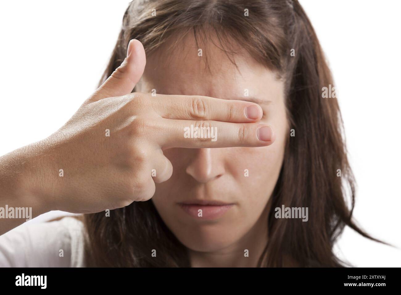 Erwachsene Frauen Hand versteckt Gesicht schüchterne Paparazzi Kamera Stockfoto