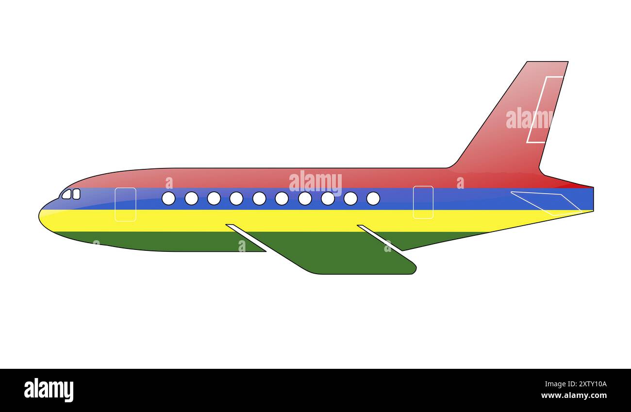 Die mauritische Flagge ist auf der Silhouette eines Flugzeugs gemalt. Hochglanz-Illustration Stockfoto