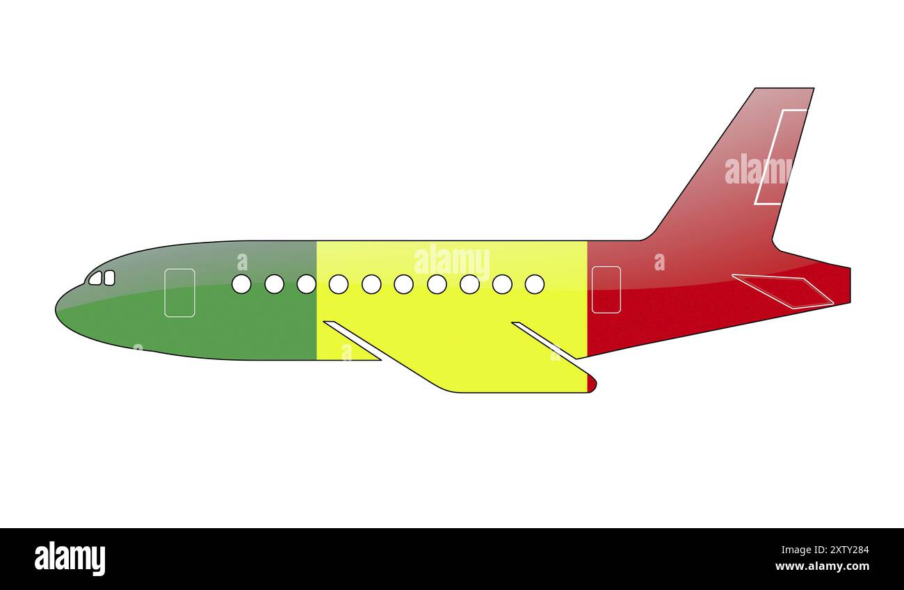 Die malische Flagge auf der Silhouette eines Flugzeugs. Hochglanz-Illustration Stockfoto