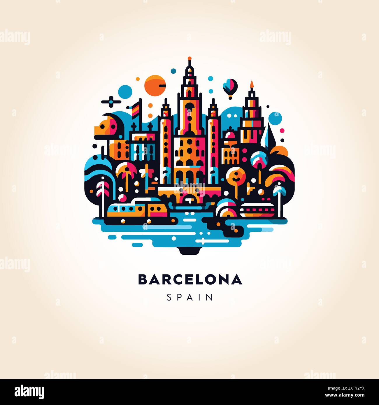 Skyline Von Barcelona: Bunte Abstrakte Vektor-Illustration In Warmen Tönen Stock Vektor