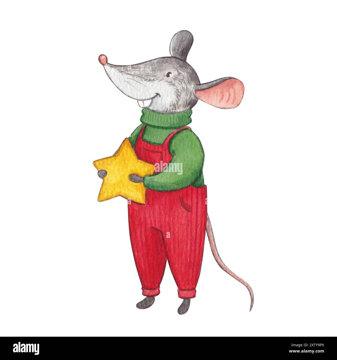 Weihnachtsmaus in grünem Pullover und Stern. Handgezeichnete Aquarellillustration eines niedlichen Charakters. Schöne Neujahrskunst für die Dekoration von Autos Stockfoto