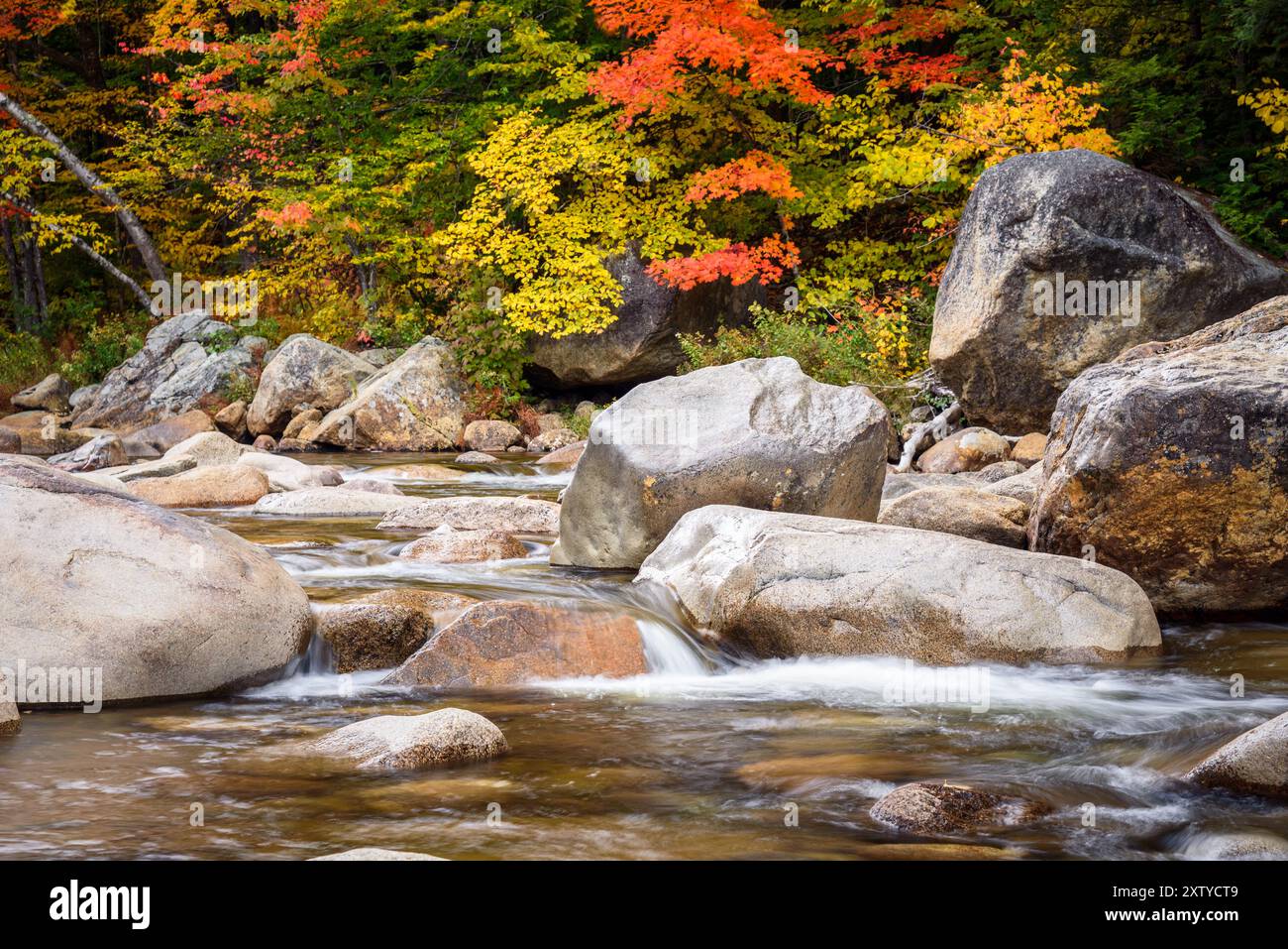 Kleiner Wasserfall in einem Wald auf dem Gipfel der Herbstfarben in den Bergen Stockfoto